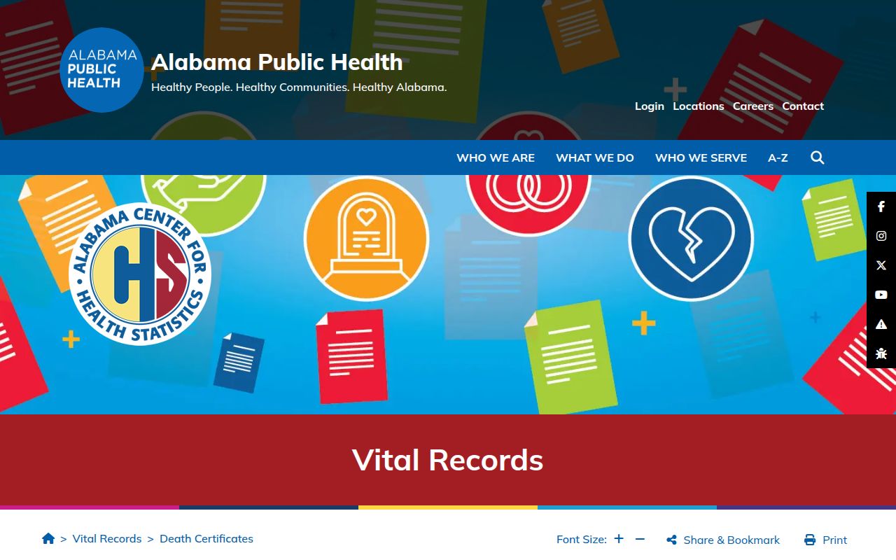 Alabama death certificate information page from the Department of Public Health